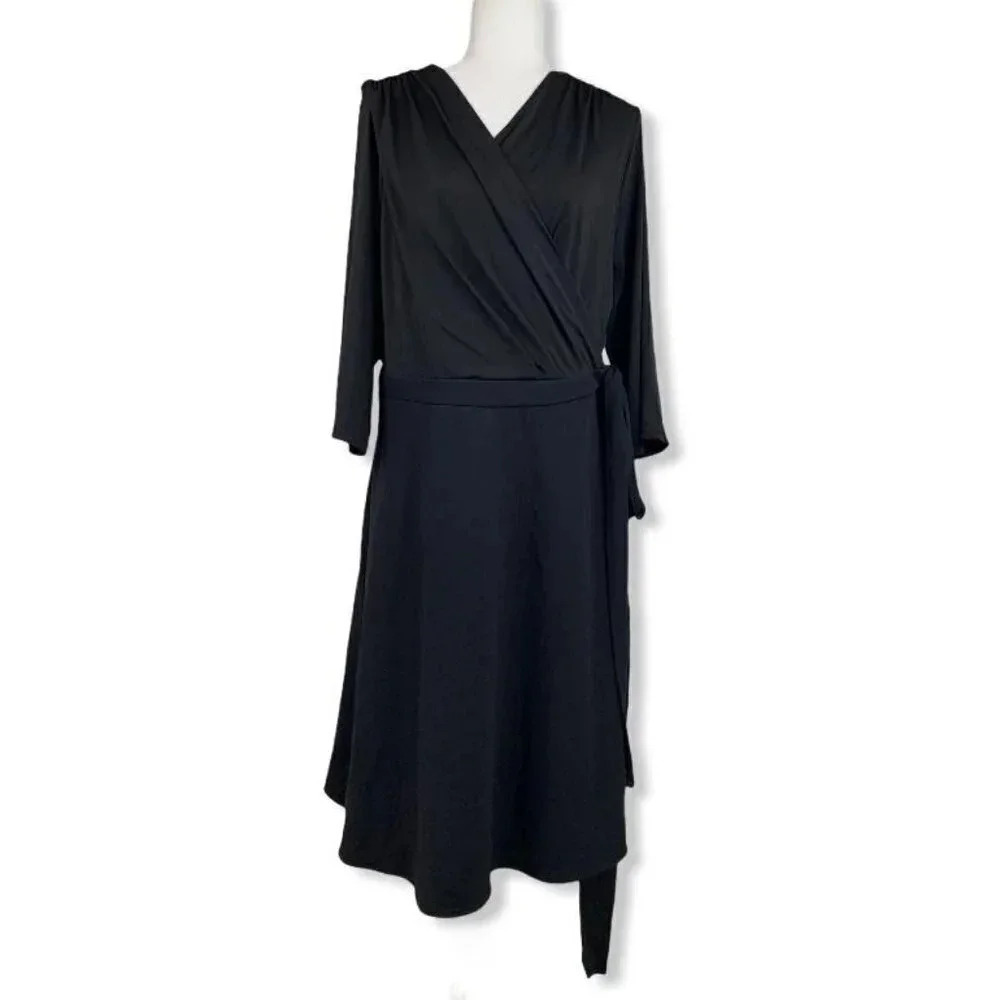 ECI Stretch 3/4 Sleeve Black Women's Wrap Dress - Picture 2 of 10
